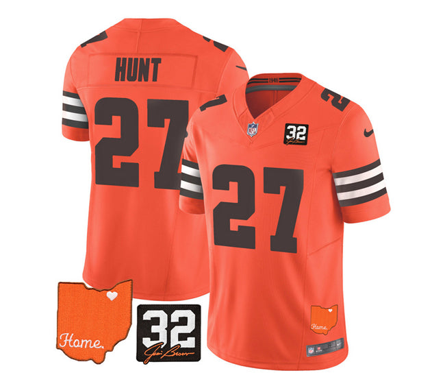 Mens Cleveland Browns #27 Kareem Hunt Orange 2023 FUSE With Jim Brown Memorial Patch Vapor Untouchable Limited Stitched Jersey