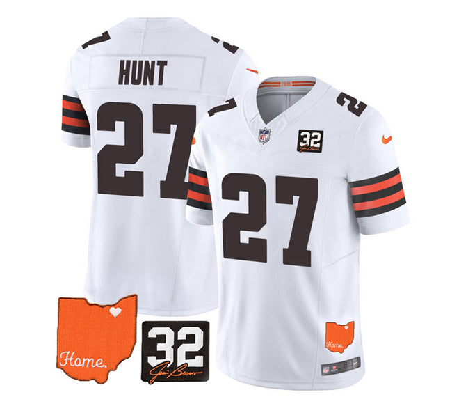 Mens Cleveland Browns #27 Kareem Hunt White 2023 FUSE With Jim Brown Memorial Patch Vapor Untouchable Limited Stitched Jersey