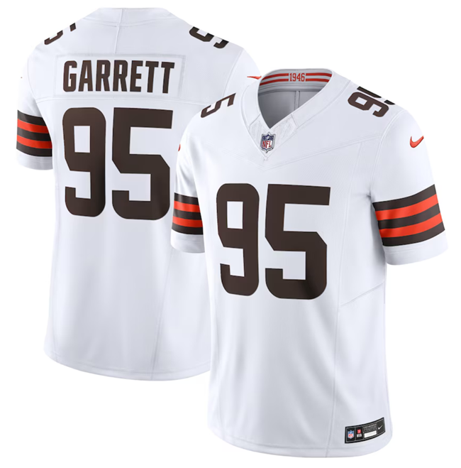 Mens Cleveland Browns #95 Myles Garrett White 2023 FUSE Vapor Untouchable Limited Stitched Jersey
