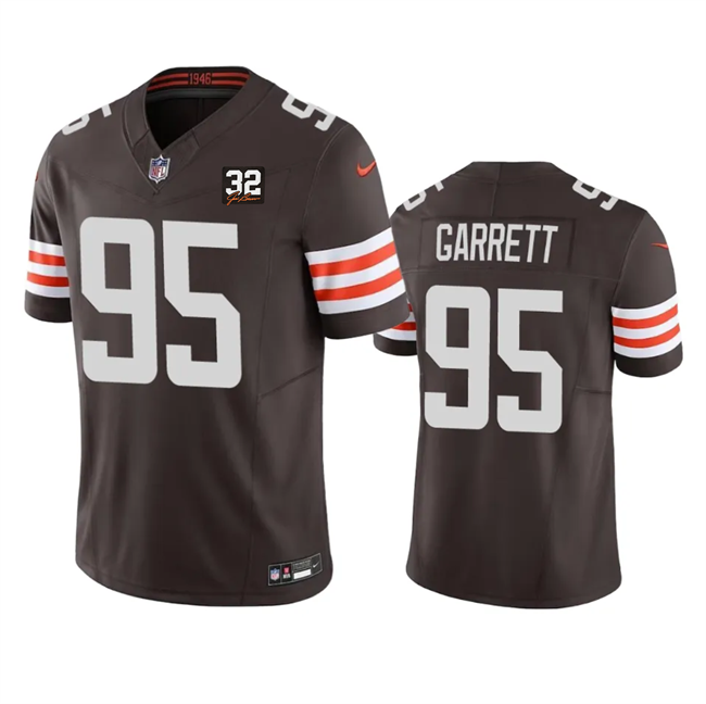 Mens Cleveland Browns #95 Myles Garrett Brown 2023 FUSE With Jim Brown Memorial Patch Vapor Untouchable Limited Stitched Jersey