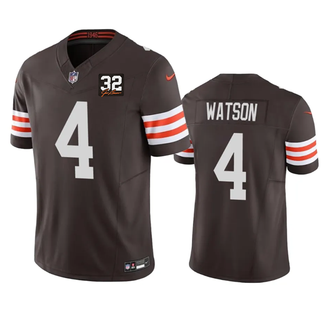 Mens Cleveland Browns #4 Deshaun Watson Brown 2023 FUSE With Jim Brown Memorial Patch Vapor Untouchable Limited Stitched Jersey