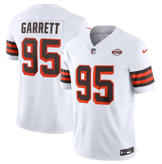 Mens Cleveland Browns #95 Myles Garrett White 2023 FUSE 1946 Collection Vapor Untouchable Limited Stitched Jersey