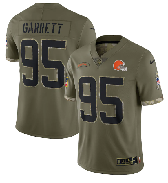 Mens Cleveland Browns #95 Myles Garrett Olive 2022 Salute To Service Limited Stitched Jersey