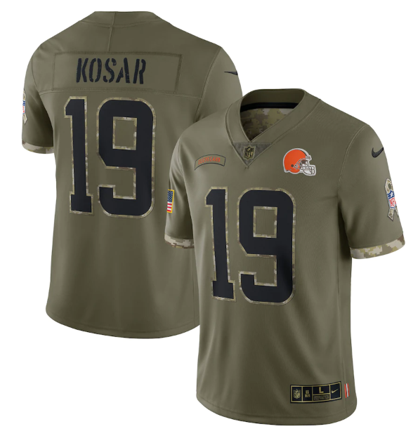 Mens Cleveland Browns #19 Bernie Kosar Olive 2022 Salute To Service Limited Stitched Jersey