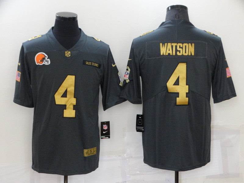 Mens Cleveland Browns #4 Deshaun Watson Grey/Gold Salute To Service Limited Stitched Jersey
