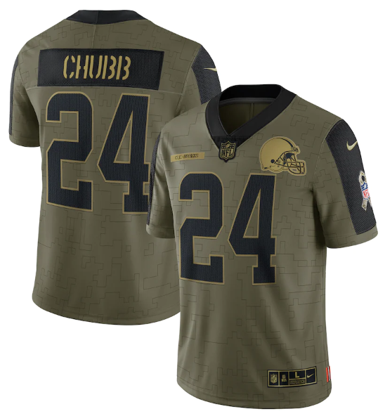 Mens Cleveland Browns #24 Nick Chubb 2021 Olive Salute To Service Limited Stitched Jersey