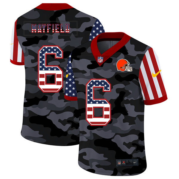 Mens Cleveland Browns #6 Baker Mayfield 2020 Camo USA Flag Limited Stitched Jersey
