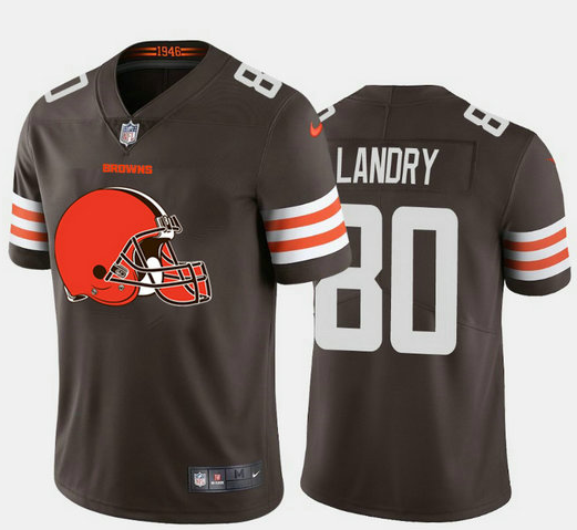Mens Cleveland Browns #80 Jarvis Landry Brown 2020 Team Big Logo Limited Stitched Jersey