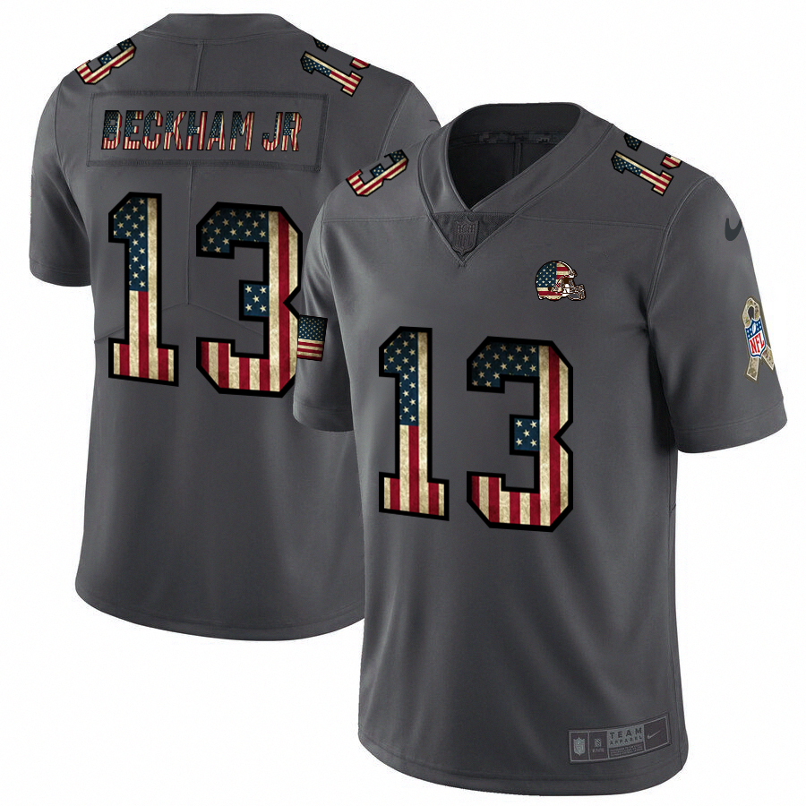Mens Cleveland Browns #13 Odell Beckham Jr Grey 2019 Salute To Service USA Flag Fashion Limited Stitched NFL Jersey