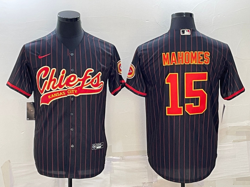 Mens Kansas City Chiefs #15 Patrick Mahomes Black With Patch Cool Base Stitched Baseball Jersey