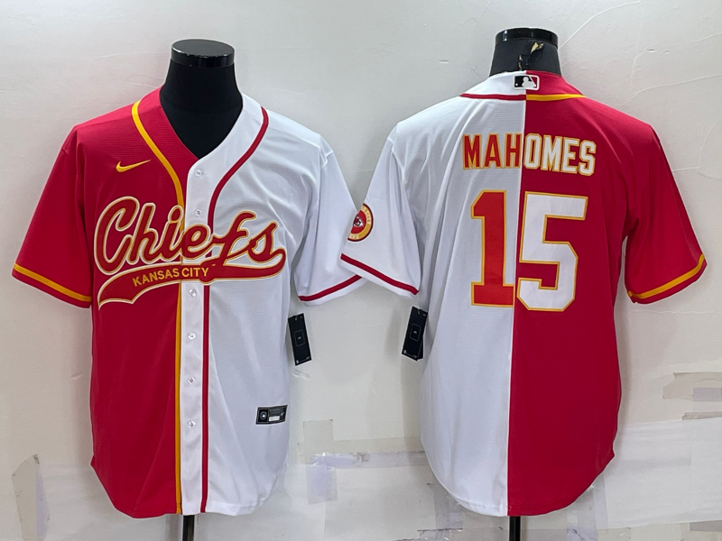 Mens Kansas City Chiefs #15 Patrick Mahomes Red/White Split With Patch Cool Base Stitched Baseball Jersey