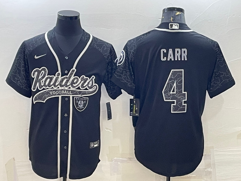 Mens Las Vegas Raiders #4 Derek Carr Black Reflective With Patch Cool Base Stitched Baseball Jersey