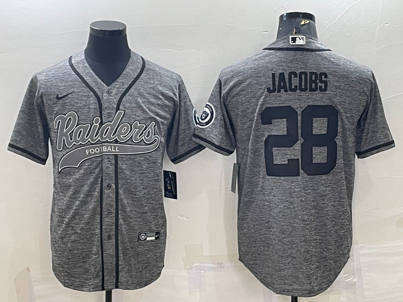 Mens Las Vegas Raiders #28 Josh Jacobs Grey With Patch Cool Base Stitched Baseball Jersey