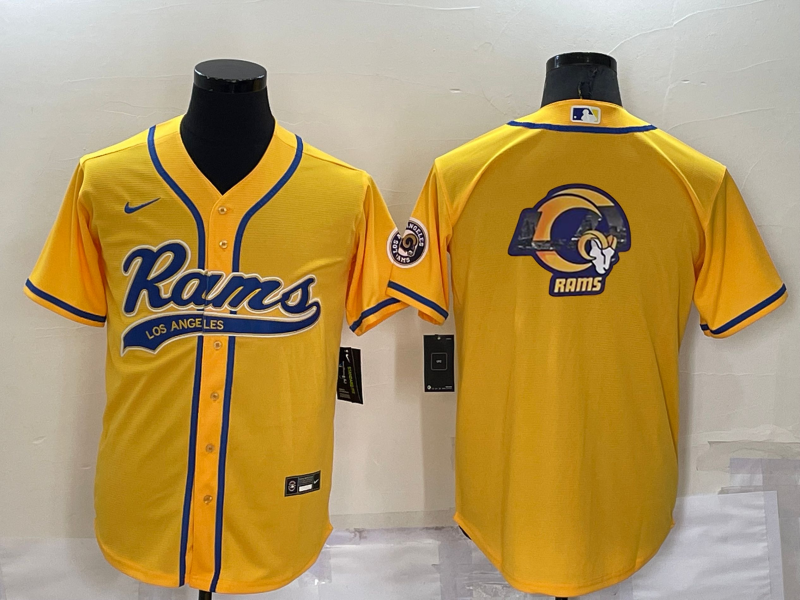 Mens Los Angeles Rams Yellow Team Big Logo With Patch Cool Base Stitched Baseball Jersey