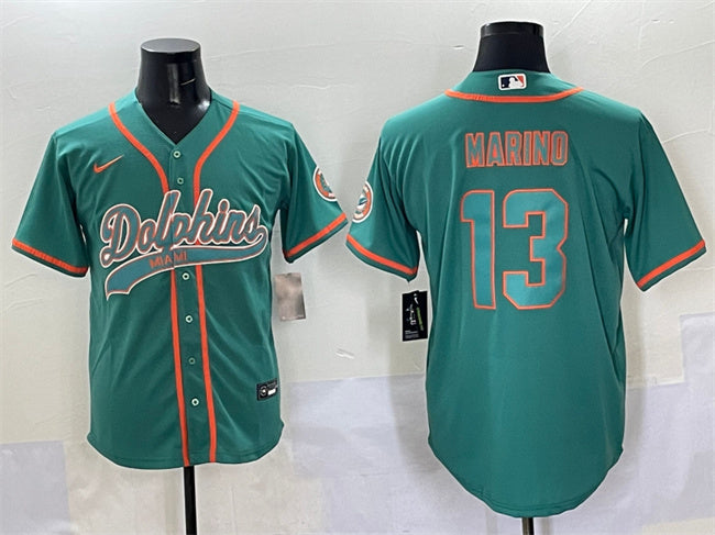 Mens Miami Dolphins #13 Dan Marino Aqua Cool Base Stitched Baseball Jersey