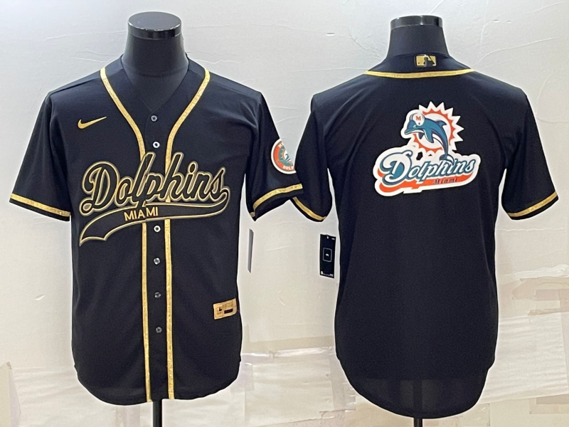 Mens Miami Dolphins Black Gold Team Big Logo With Patch Cool Base Stitched Baseball Jersey