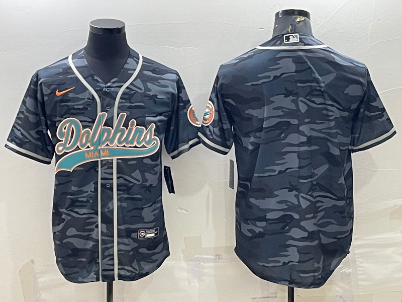 Mens Miami Dolphins Blank Grey Camo With Patch Cool Base Stitched Baseball Jersey