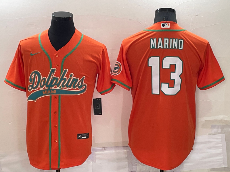 Mens Miami Dolphins #13 Dan Marino Orange Cool Base Stitched Baseball Jersey