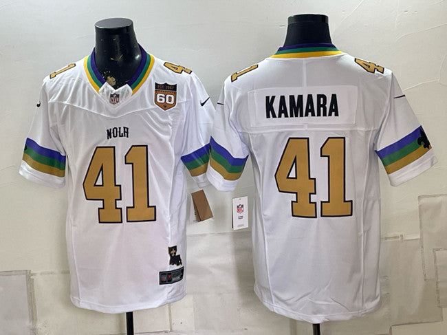 Mens New Orleans Saints #41 Alvin Kamara White FUSE 60th Anniversary Patch Vapor Limited Stitched Football Jersey