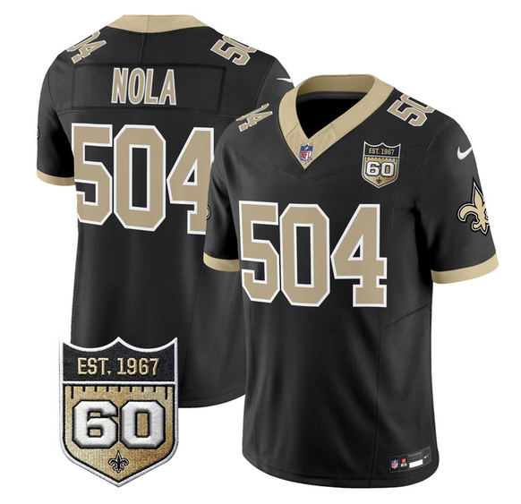 Mens New Orleans Saints #504 Nola Black FUSE 60th Anniversary Patch Vapor Limited Stitched Football Jersey