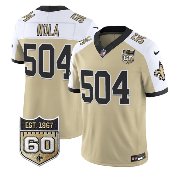 Mens New Orleans Saints #504 Nola Gold Alternate FUSE 60th Anniversary Patch Vapor Limited Stitched Football Jersey