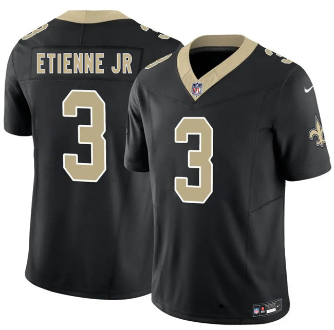 Mens New Orleans Saints #3 Travis Etienne Jr Black 2026 FUSE Vapor Limited Stitched Football Jersey