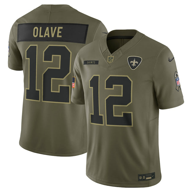 Mens New Orleans Saints #12 Chris Olave Olive 2025 FUSE Salute to Service Limited Stitched Football Jersey