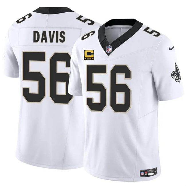 Mens New Orleans Saints #56 DeMario Davis White 2025 FUSE With 4-Star C Patch Vapor Limited Stitched Football Jersey