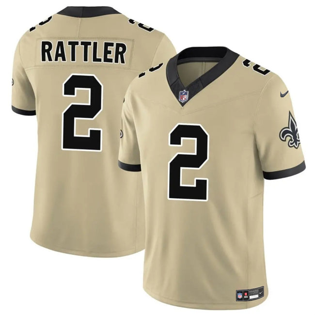 Mens New Orleans Saints #2 Spencer Rattler Gold 2025 FUSE Alternate Vapor Limited Stitched Football Jersey