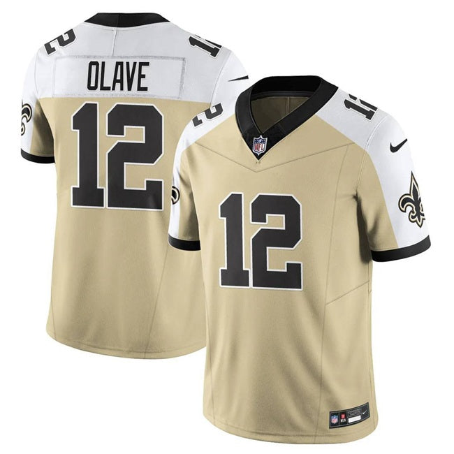 Mens New Orleans Saints #12 Chris Olave Gold/White Alternate 2025 FUSE Vapor Limited Stitched Football Jersey