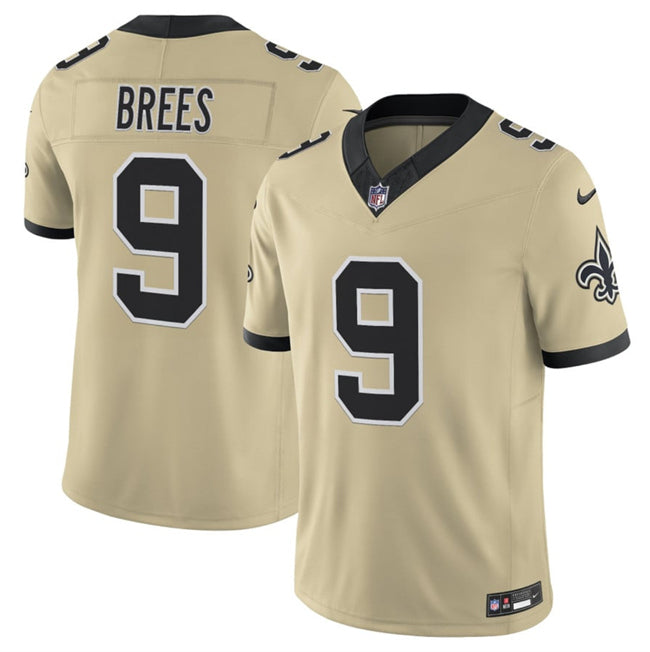 Mens New Orleans Saints #9 Drew Brees Gold 2025 FUSE Alternate Vapor Limited Stitched Football Jersey