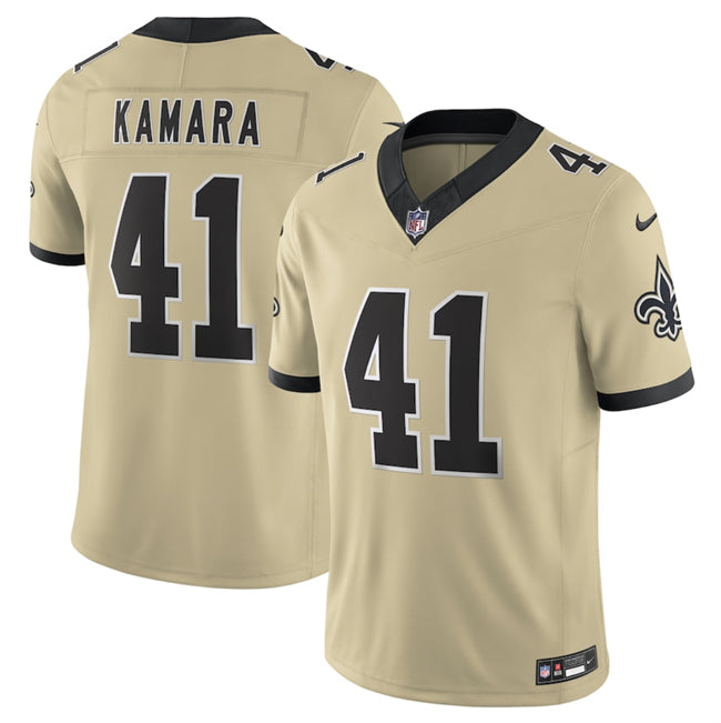 Mens New Orleans Saints #41 Alvin Kamara Gold 2025 FUSE Alternate Vapor Limited Stitched Football Jersey