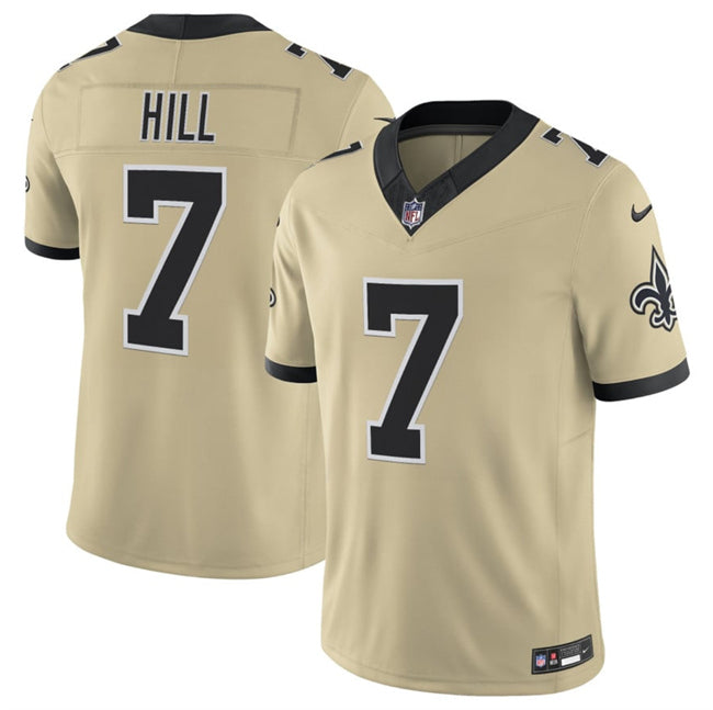 Mens New Orleans Saints #7 Taysom Hill Gold 2025 FUSE Alternate Vapor Limited Stitched Football Jersey