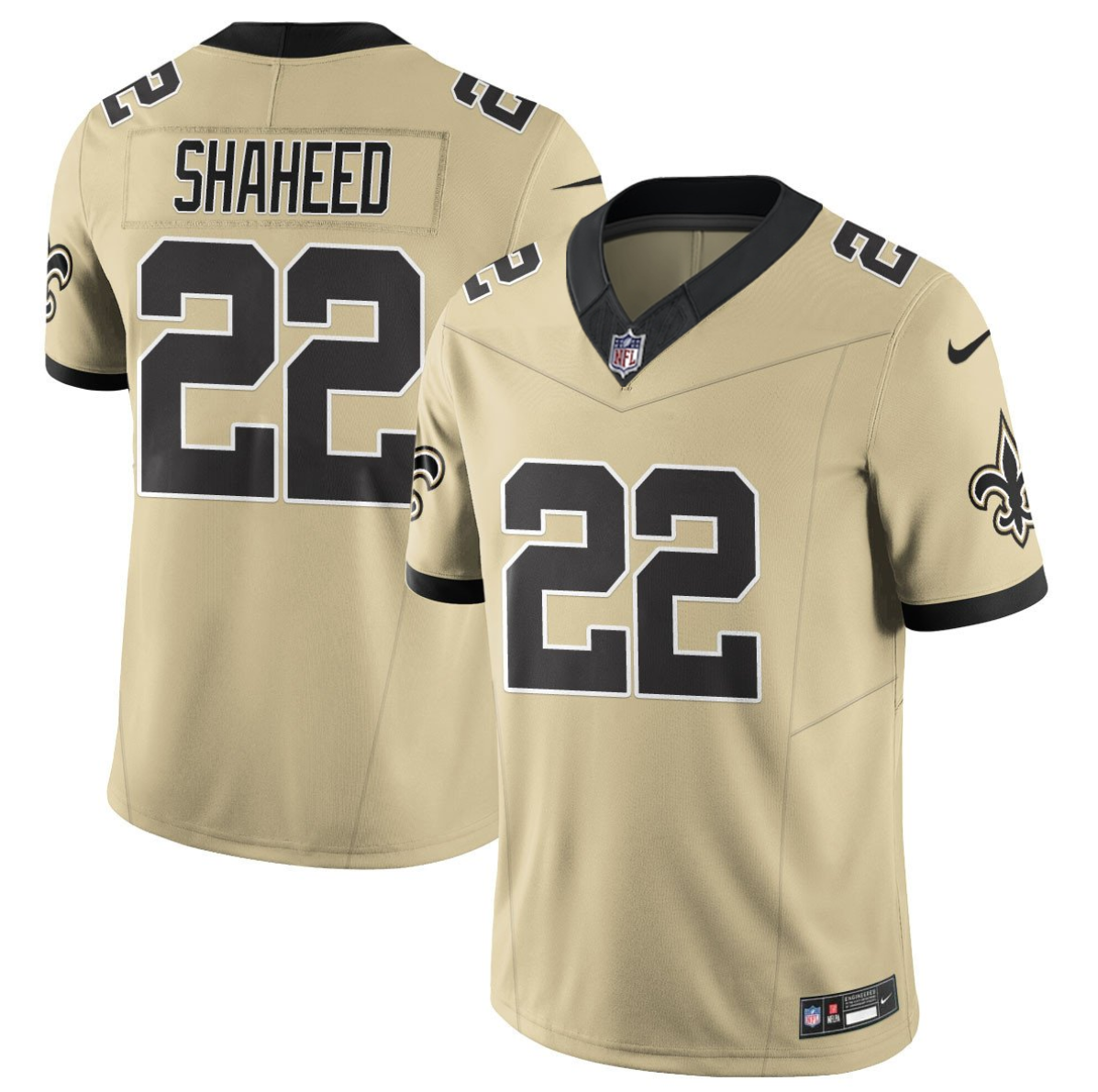 Mens New Orleans Saints #22 Rashid Shaheed Gold 2025 FUSE Alternate Vapor Limited Stitched Football Jersey