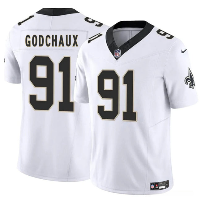 Mens New Orleans Saints #91 Davon Godchaux White 2025 FUSE Vapor Limited Stitched Football Jersey