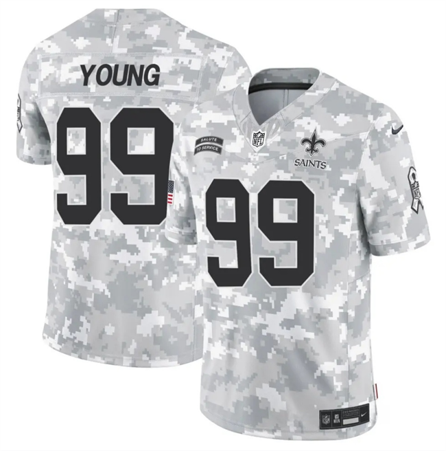 Mens New Orleans Saints #99 Chase Young 2024 FUSE Arctic Camo Salute to Service Limited Stitched Football Jersey