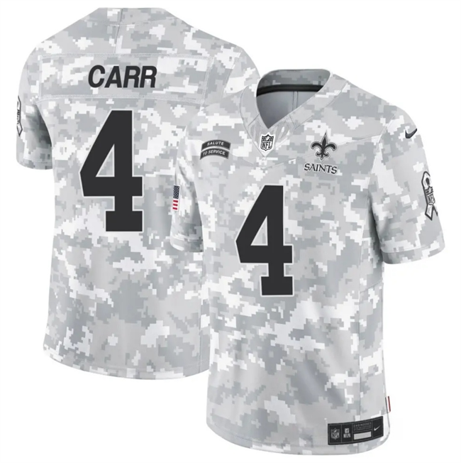 Mens New Orleans Saints #4 Derek Carr 2024 FUSE Arctic Camo Salute to Service Limited Stitched Football Jersey