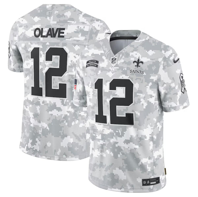 Mens New Orleans Saints #12 Chris Olave 2024 FUSE Arctic Camo Salute to Service Limited Stitched Football Jersey