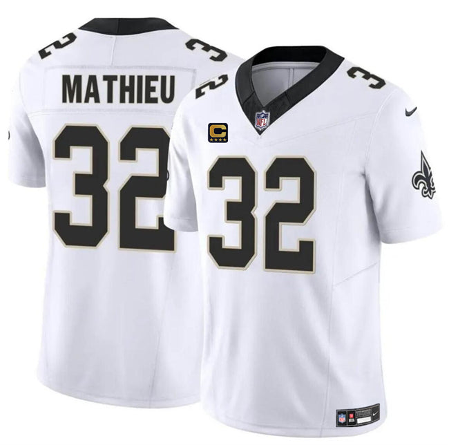 Mens New Orleans Saints #32 Tyrann Mathieu White 2024 FUSE With 4-Star C Patch Vapor Limited Stitched Football Jersey