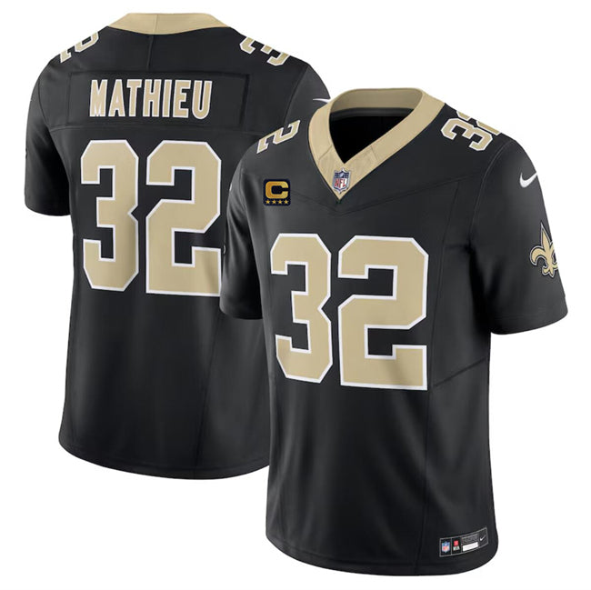 Mens New Orleans Saints #32 Tyrann Mathieu Black 2024 FUSE With 4-Star C Patch Vapor Limited Stitched Football Jersey