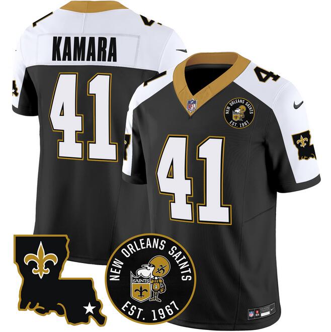 Mens New Orleans Saints #41 Alvin Kamara Black FUSE EST 1967 Patch Vapor Stitched Jersey