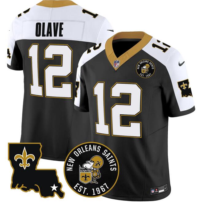 Mens New Orleans Saints #12 Chris Olave Black FUSE EST 1967 Patch Vapor Stitched Jersey