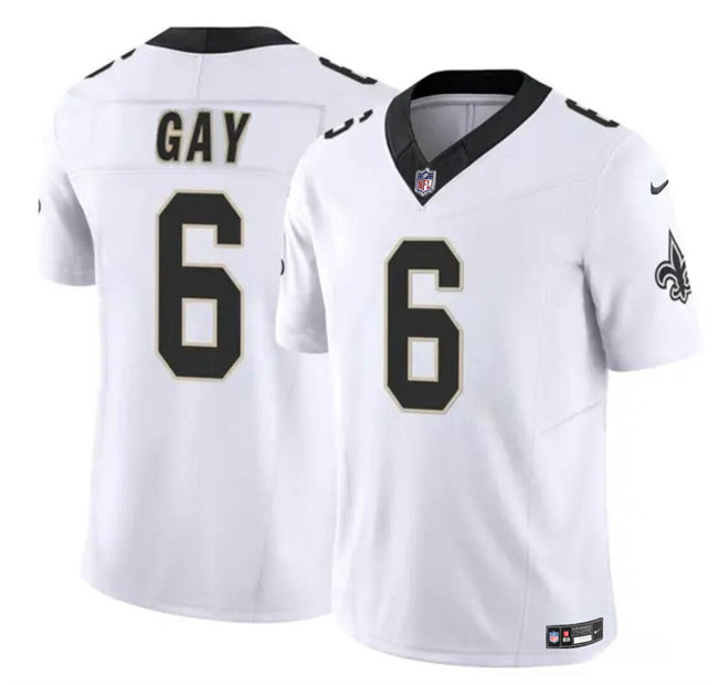 Mens New Orleans Saints #6 Willie Gay White 2023 FUSE Vapor Limited Stitched Football Jersey