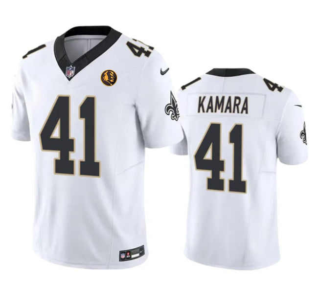 Mens New Orleans Saints #41 Alvin Kamara White 2023 FUSE With John Madden Patch Vapor Limited Stitched Football Jersey