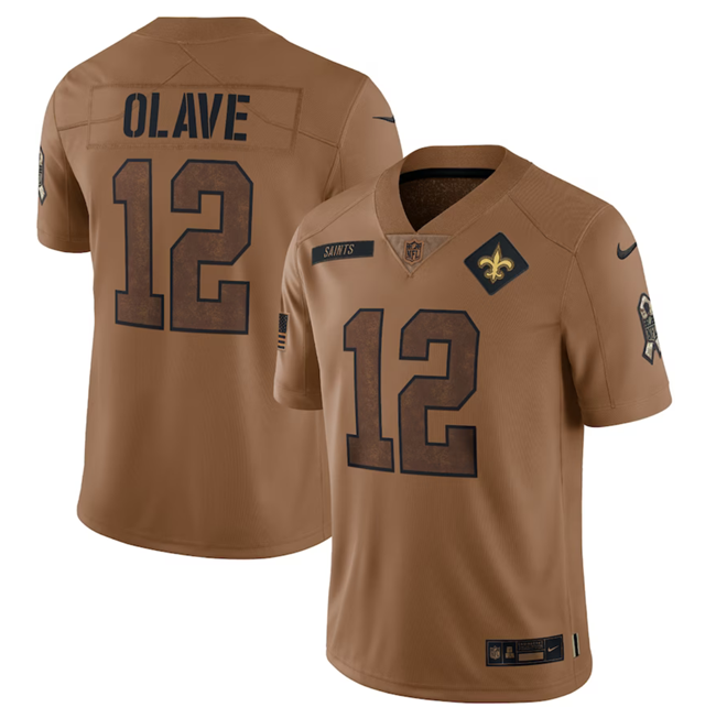 Mens New Orleans Saints #12 Chris Olave 2023 Brown Salute To Service Limited Limited Stitched Jersey