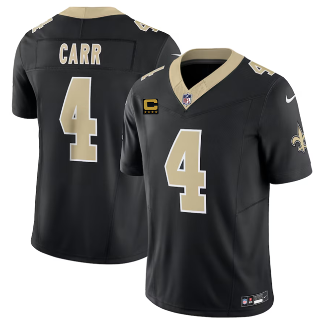 Mens New Orleans Saints #4 Derek Carr Black 2023 FUSE With 4-Star C Patch Vapor Untouchable Limited Stitched Jersey