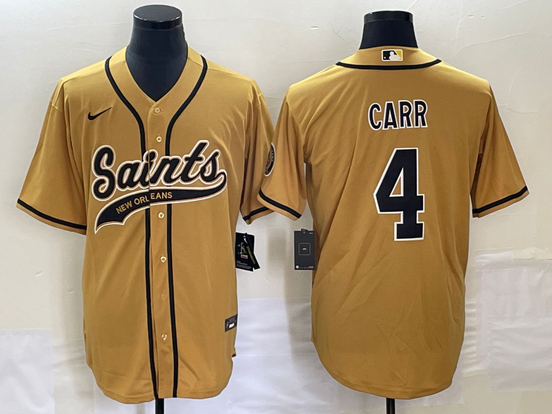 Mens New Orleans Saints #4 Derek Carr Gold With Patch Cool Base Stitched Baseball Jersey