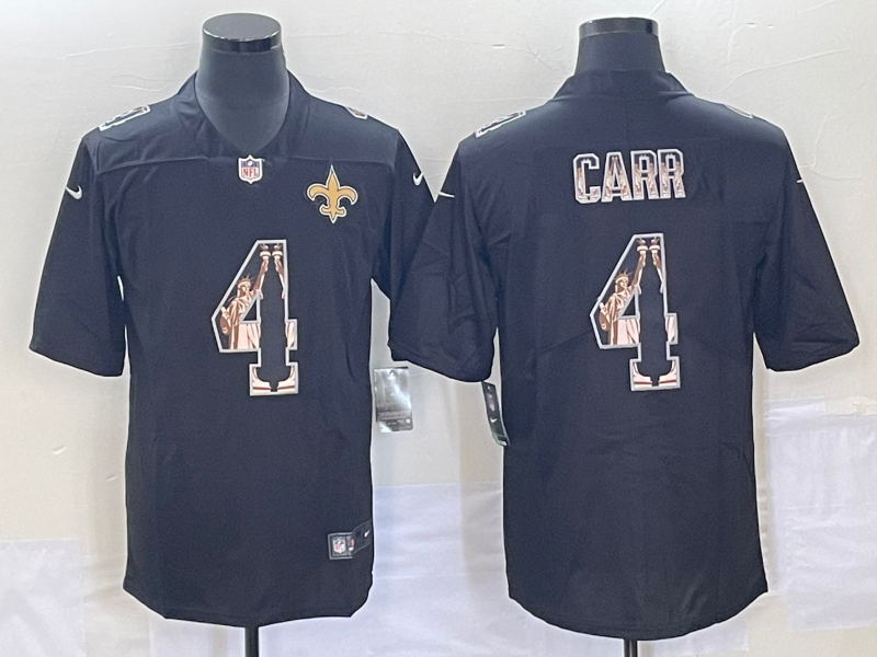 Mens New Orleans Saints #4 Derek Carr Black Statue of Liberty Limited Stitched Jersey