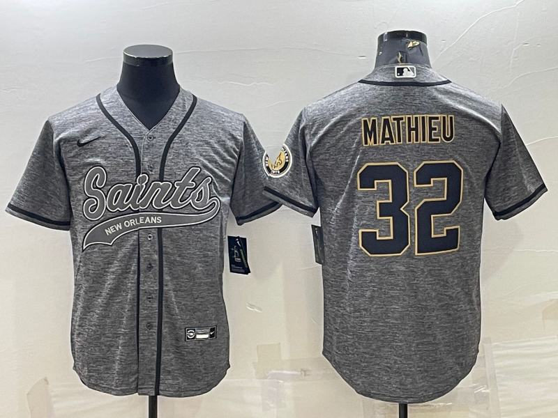 Mens New Orleans Saints #32 Tyrann Mathieu Grey With Patch Cool Base Stitched Baseball Jersey