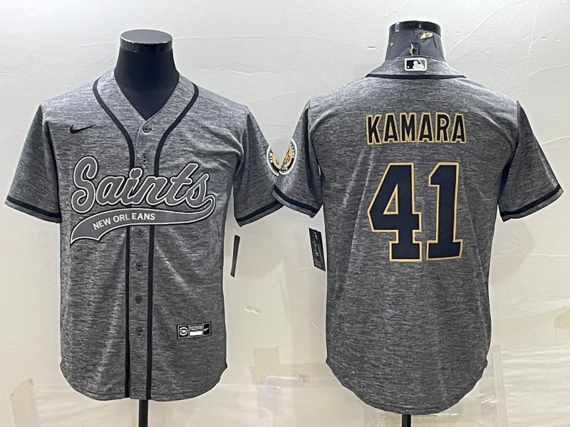 Mens New Orleans Saints #41 Alvin Kamara Grey With Patch Cool Base Stitched Baseball Jersey